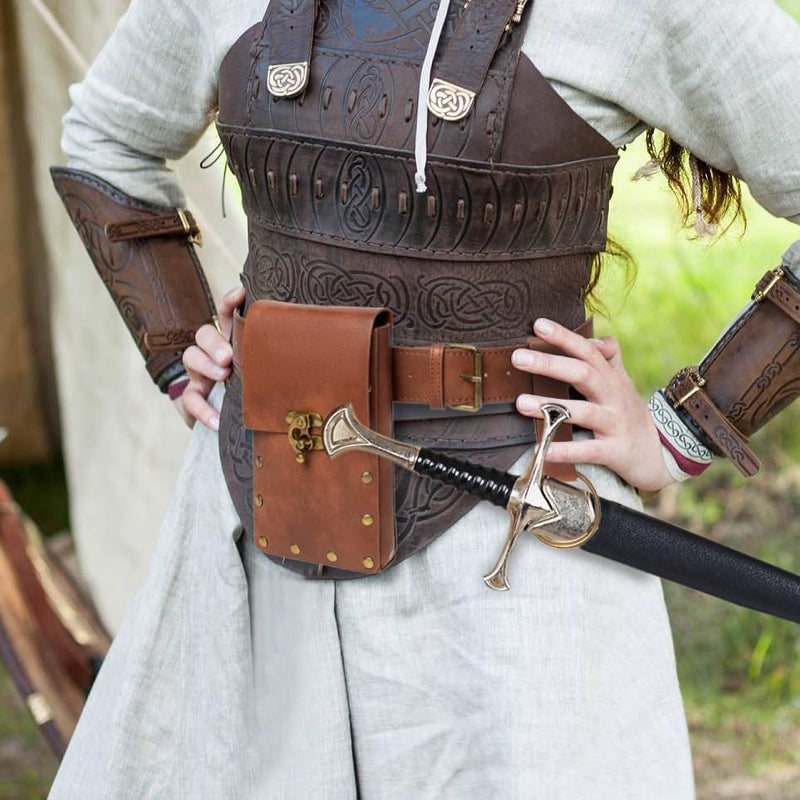 SUMGOGO Belt Pouch Waist Bag Fanny Pack Steampunk Phone Holder Medieval Bag Leather Belt Renaissance Cosplay Costume Accessories (1-Brown) - Image 2